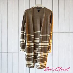 Tahari Long Cardigan 100% Extra Fine Merino Wool Size L Brown & Cream